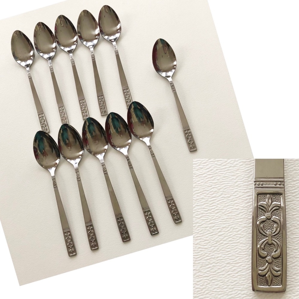 Vintage 60s Customcraft "Fleur de Lis" Teaspoons Taiwan Stainless Steel Set 11